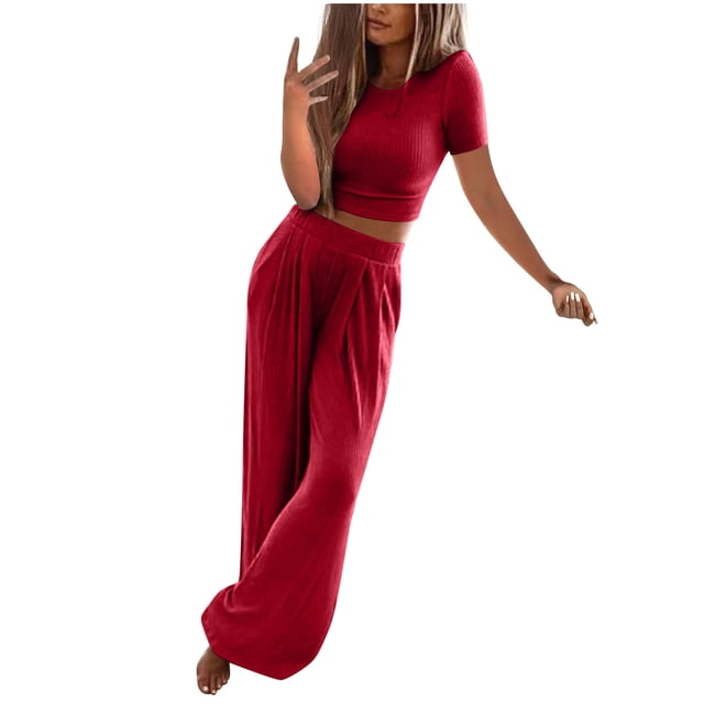 Ensembles de Pantalons en Lin pour Femmes 2 Pcs Pantalons en Lin Femmes Ensemble de Vêtements d'Été Femme Col Rond Manches Courtes Hauts Ensembles de Pantalons Pantalons Style Pantalon S_6 Survêtements pour Femmes Rouge G