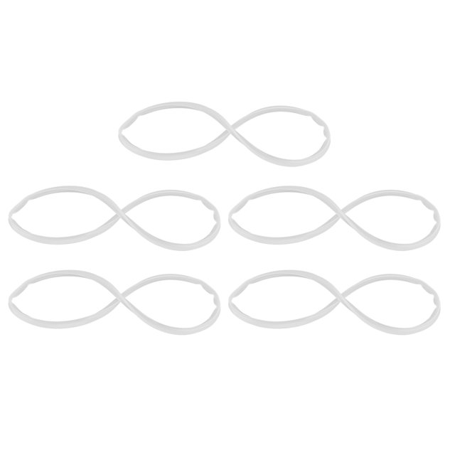 Pressure Cooker Silicone Gasket, 5PCS Pressure Cooker Flexible Durable For Pressure Cooker Lid. The image shows five silicone gaskets in a light color, arranged in a horizontal layout. Made of food-grade silicone, these gaskets are durable, flexible, and heat-resistant, suitable for aluminum alloy pressure cookers. Designed for efficient sealing and easy cleaning, they are dishwasher safe when placed on the top rack.