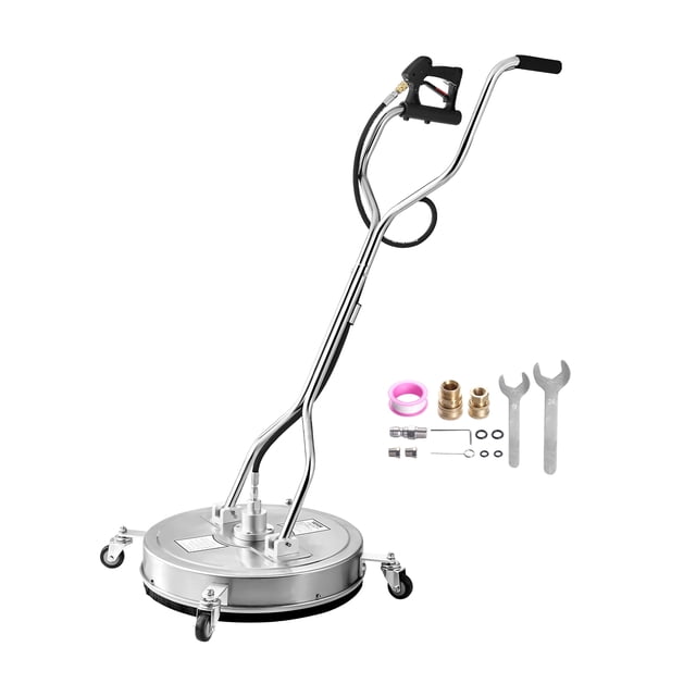 VEVOR 22" Pressure Washer Surface Cleaner with 4 wheels and dual handle, designed for 4500 Max PSI. Features a 304 stainless steel cleaning disc, dual rotating nozzles with a 25° spray angle, and a 3/8 quick-connect fitting for easy attachment. Includes accessories such as Teflon tape, quick-connect fittings, nozzles, O-rings, wrenches, and an instruction manual. Suitable for cleaning driveways, patios, and other outdoor surfaces.
