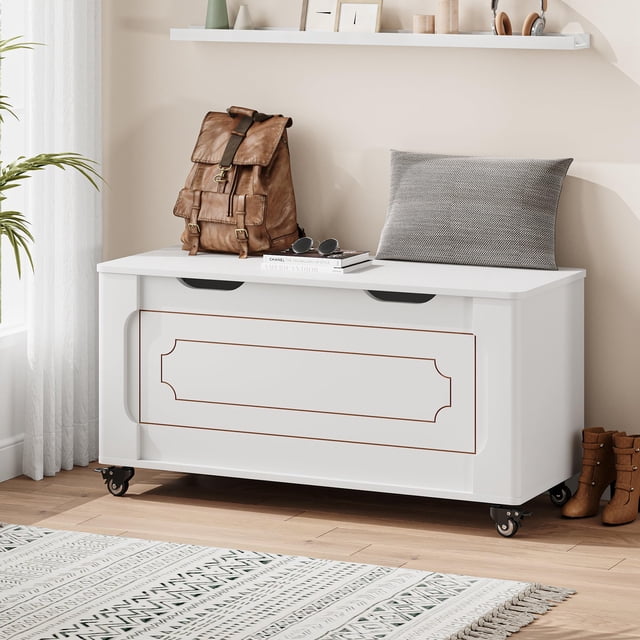 EDTara 39.4" Storage Bench Chest With 4 Wheels, Sturdy Blanket Trunk With Safety Hinges and Rounded Corners for Bedrooms