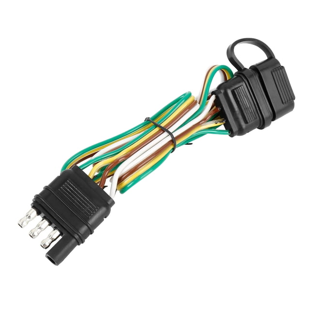 Unique Bargains 4 Pin 32'' Trailer 4 Flat Wire Plug Hitch Light Trailer Wiring Harness Extender Male Female Connector for Tail Lights. Designed for connecting tail lights, turn signals, and brake lights with a 4-way flat light connector. Features colorful wires for easy installation and a sealing cap to keep leads dry. Compatible with various trailers, including marine, horse, motorcycle, and cargo trailers. Made of durable metal and plastic, measuring 32 inches in length with an ergonomic design for easy handling.