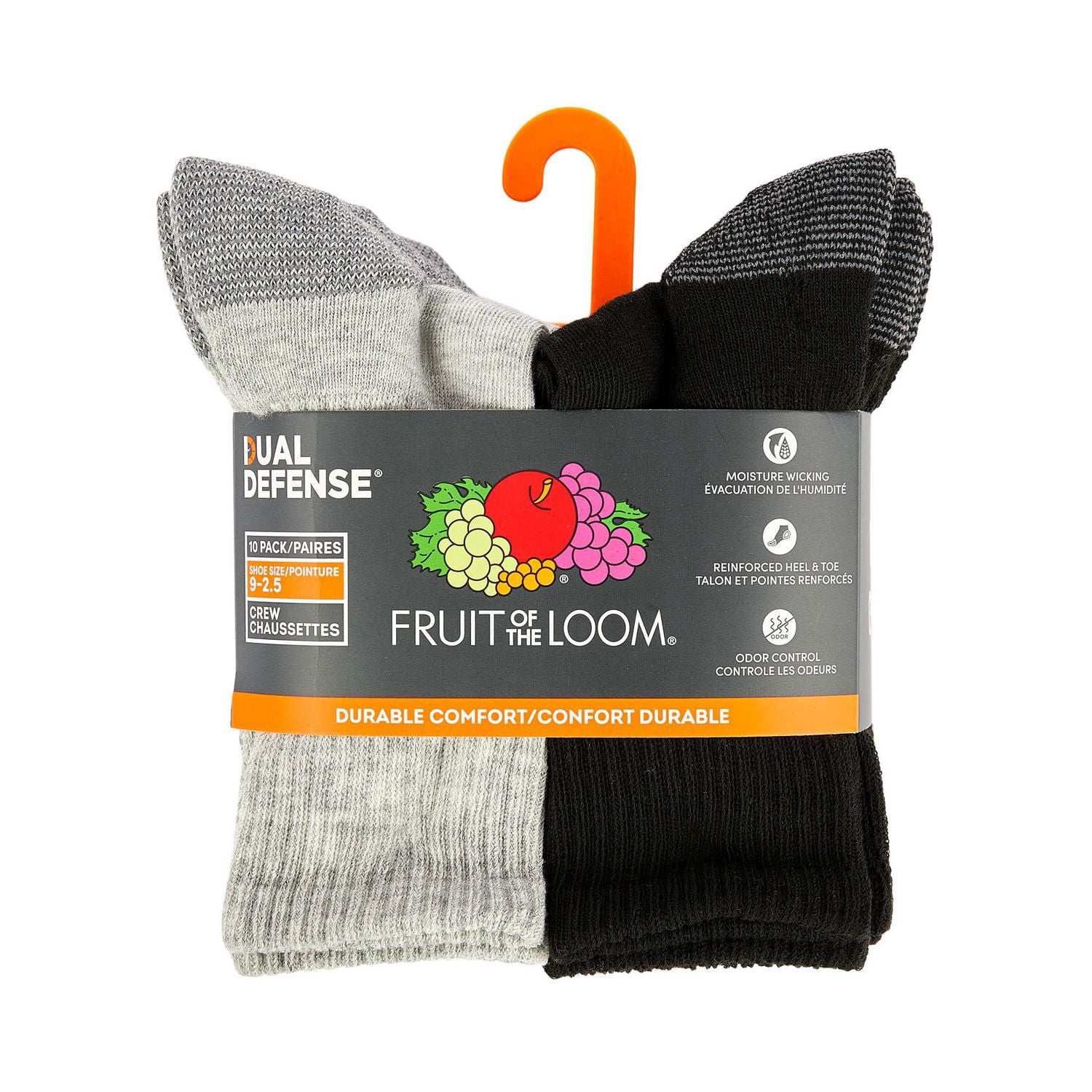 Chaussettes mi-mollet Fruit of the Loom pour garçons, paquet de 10, Dual Defense, coussinées, évacuation de l’humidité, contrôle des odeurs, couleurs assorties