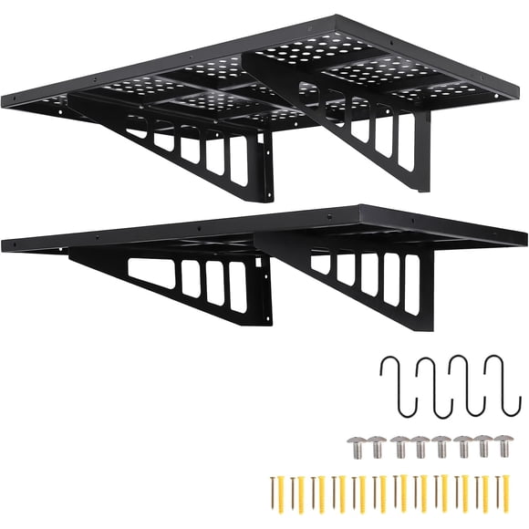 2-Pack 2x3ft Heavy Duty Garage Wall Shelving Garage Storage Racks, 560 lbs Load Capacity Garage Shelving Wall Mounted Floating Shelf for Garage with Hooks