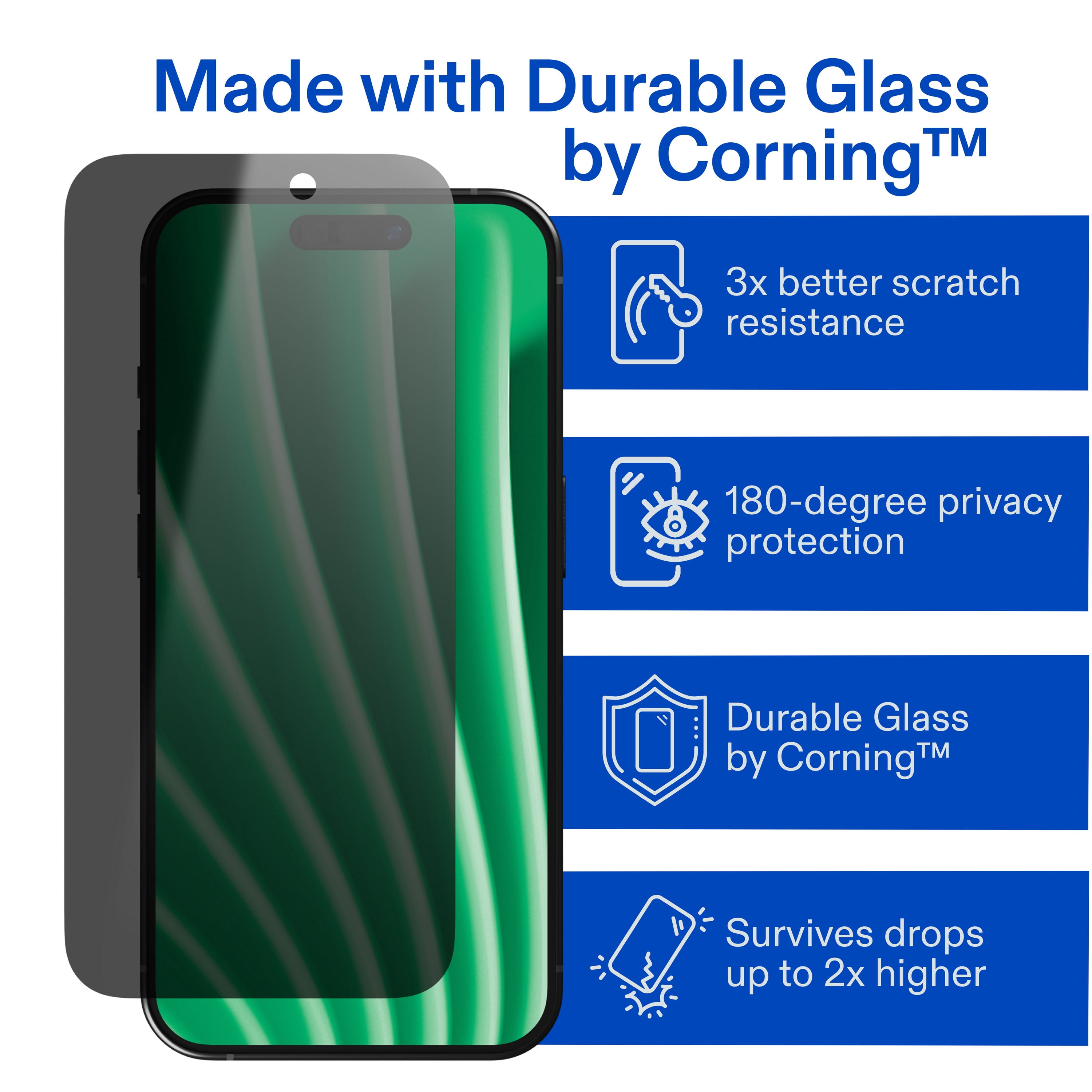 onn Protecteur d’écran en verre intimité pour iPhone® 16 / 15, fabriqué avec du verre résistant de Corning🅪, intimité à 180°, plateau d’installation facile