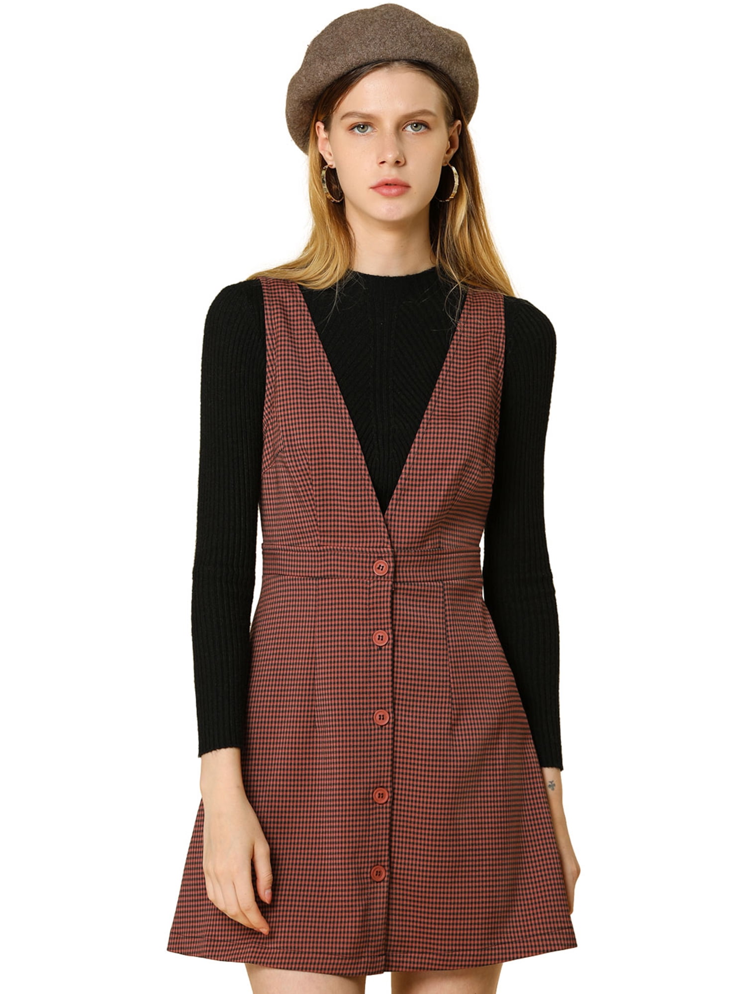INSPIRE CHIC Women's Overall Suspender Check Houndstooth Pinafore Dress