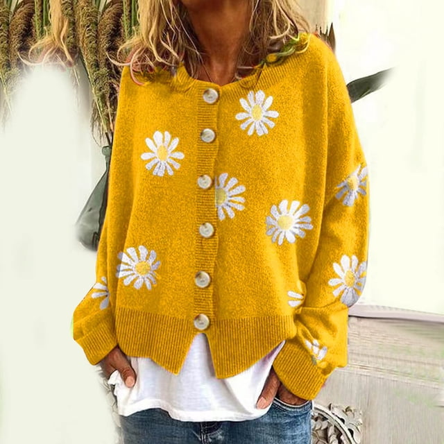 Pxiakgy Cardigan Décontracté pour Femmes à Manches Longues, Col Rond, à Boutons, Imprimé Petite Marguerite, Chandail Tricoté, Cardigan Jaune + L