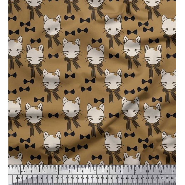 Soimoi Brown Poly Georgette Fabric Bow & Cat Face Kids Print Sewing Fabric Yard 52 Inch Wide