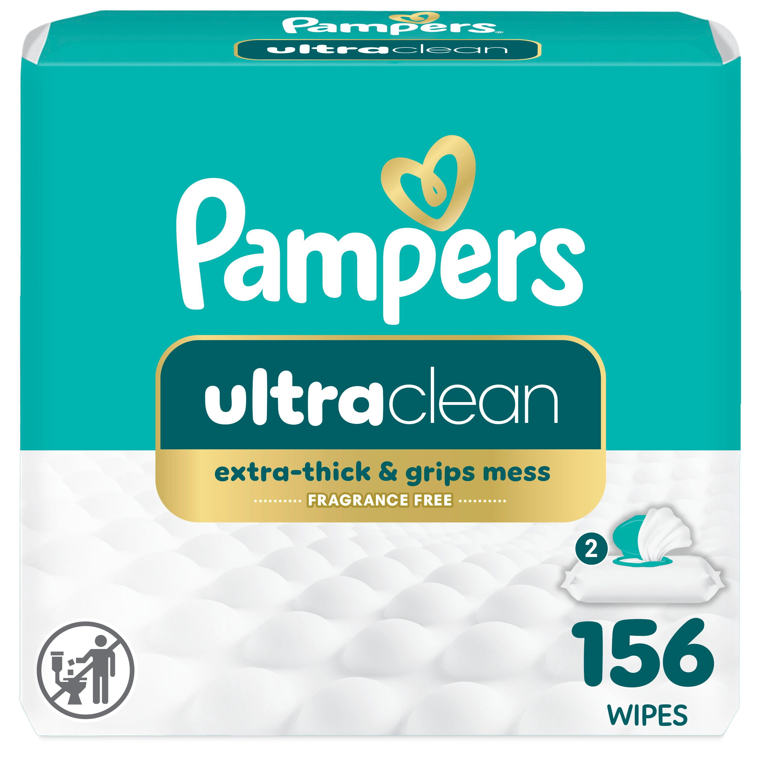Pampers Ultraclean Baby Wipes (Previously 'Free & Gentle'), 99% Water, Hypoallergenic, Unscented, 100% Plant Based, Plastic-Free Baby Wipes, 156 Baby Wipes Total (2X Flip-Top Packs)