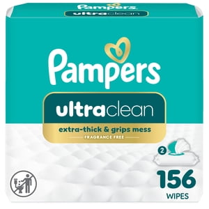 Pampers Ultraclean Baby Wipes (Previously 'Free & Gentle'), 99% Water, Hypoallergenic, Unscented, 100% Plant Based, Plastic-Free Baby Wipes, 156 Baby Wipes Total (2X Flip-Top Packs)