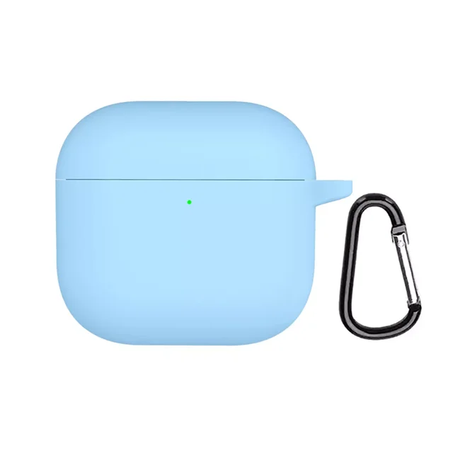 GadgetCom Replacement Case Compatible with Apple AirPods 4, a light blue shockproof silicone earbuds pouch cover. Features a durable silicone material for full protection against scratches and dirt. Includes a black clip hook for easy carrying.