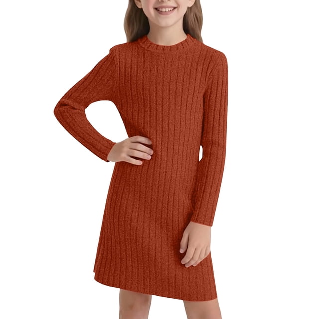 HXWCHs Robe Ceinturée Filles Coupe Ajustée Robe Moulante Hiver Chaude Extensible Col Roulé Manches Longues Tenue Décontractée pour Tout-Petits et Enfants avec Bronze Doux 8-9 Ans