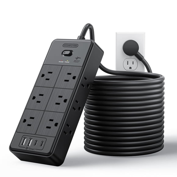 NTONPOWER 4000J Long Cord Surge Protector Power Strip, 25 FT Extension Cord with 12 Outlets & 4 USB Ports (2 USB C), 3 S