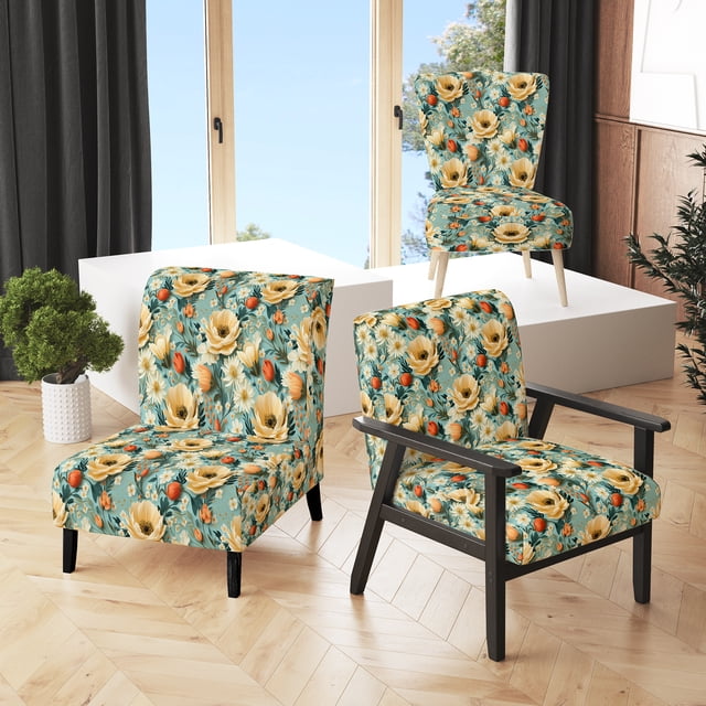 Designart "Serenade Of Funky Florals In Beige Pop Art" Chaise d'Appoint Rembourrée - Fauteuil Cottage pour Salon