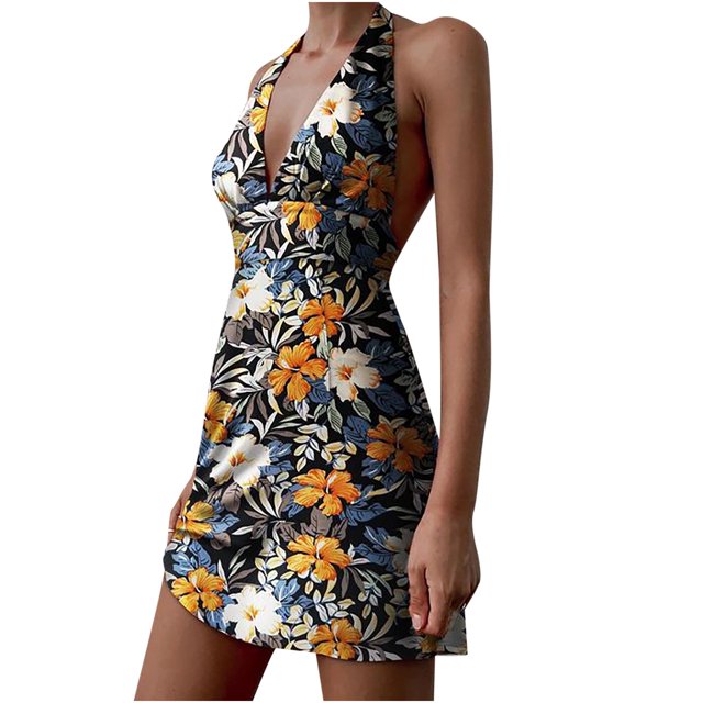 Leutsin Women's Print Sleeveless V-Neck Halter Backless Ladies Slim Dress