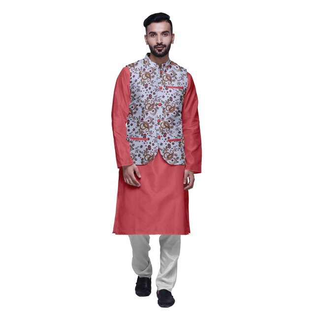 Atasi Ensemble de Pyjama Kurta Churidar Ethnique avec Veste Nehru Imprimée pour Hommes