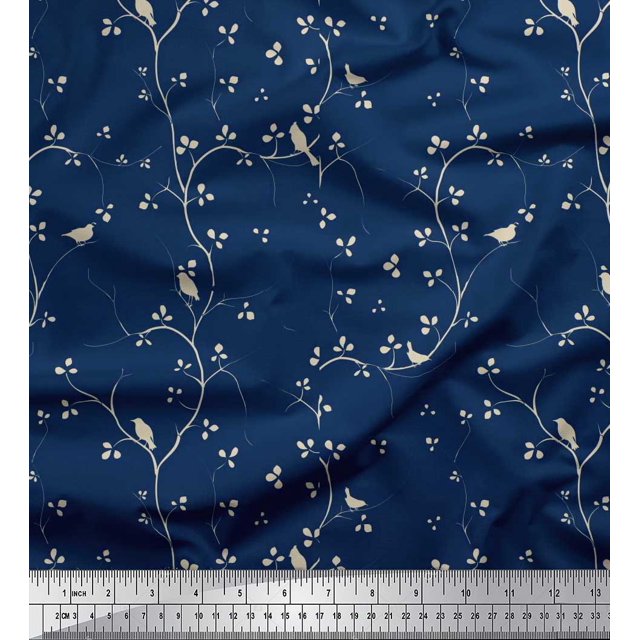 Soimoi Rayon Fabric Branches,Leaves & Bird Print Sewing Fabric Yard 42 Inch Wide