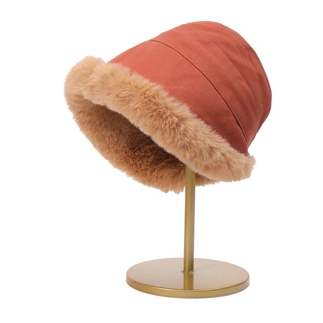 CSChome Plush Bucket Hat Women Winter Fisherman Hat - Faux Fur Decor Color Matching Windproof