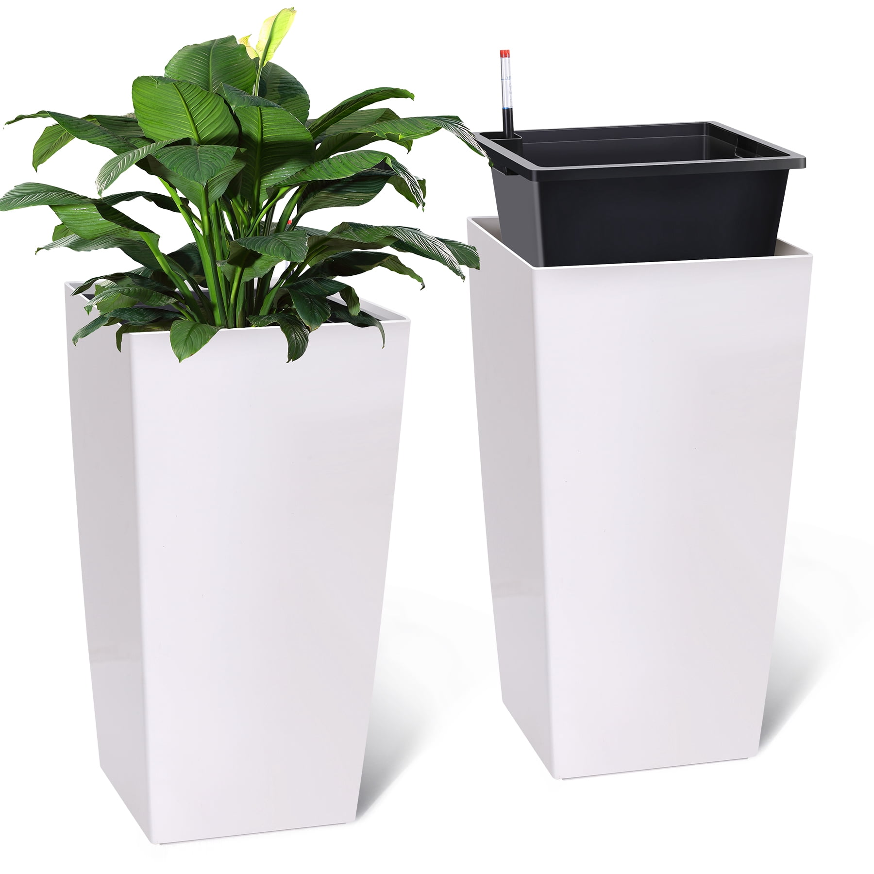 Set of 2 Tall Modern Planters - 30 Inch White Self-Watering Plant Pots with Drainage Holes, Water Level Monitor, Automatic Watering & Wheels - Large Indoor Outdoor Flower Pots