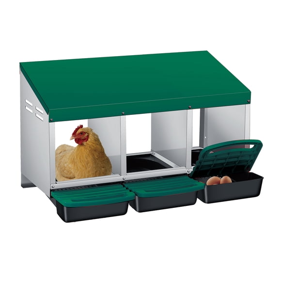 Chicken Nesting Box – Heavy Duty 3-Compartment Metal – Roll-Away Egg Laying, Lid Cover – Wall Mount or Stand, Pull-Out Trays – Green
