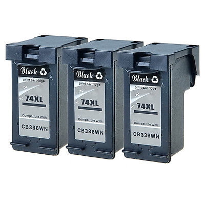HP Compatible 74XL Black Ink Cartridge, high-capacity pack of three, designed for HP 74 printers. Each cartridge features a black ink label and compatibility code CB336WN. Suitable for professional printing and printer toner needs.
