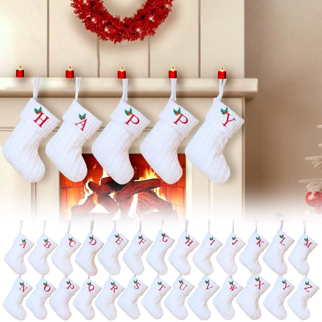 Boovnll Christmas Stockings with Letters, 8" Knitted Personalized Large White Christmas Stocking Cuff for Holiday Xmas Tree Fireplace Party Decor Ornaments, Christmas Decorations