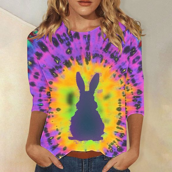 Jinhomg Plus Size Shirts for Women 2025 Fashion Easter Day Themed Bunny Print Tops Casual Comfy 3/4 Sleeve Crew Neck Tunic Blouses 90% off Clearance Sale Multicolor M