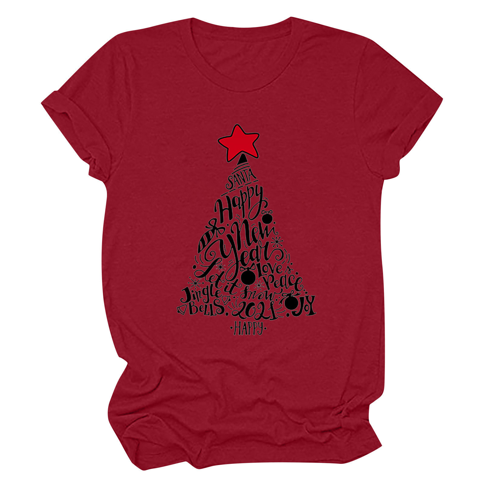 Womens Casual Round Neck Short-sleeved Christmas Tree Printed T-shirt Top