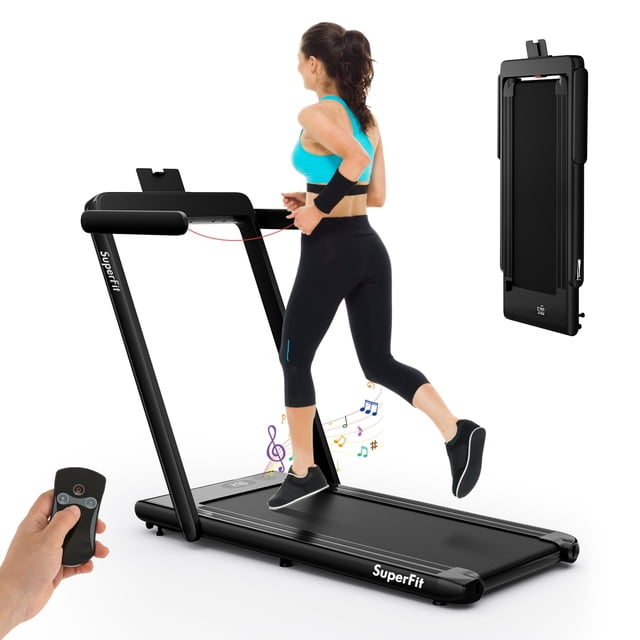 Gymax Motorisé Treadmill Pliant sous le Bureau Électrique Treadmill avec Application Noir Conçu pour la Marche Ou la Course avec des Vitesses de 0,6 à 7,5 Mi/h. Comprend une Ceinture de Course à 5 Couches Absorbant les Chocs, Télécommande, Écran LED, Support pour Téléphone, Haut-Parleur Bluetooth et Verrou de Sécurité. Compact et Pliable pour une Utilisation Ou un Rangement sous le Bureau, Idéal pour la Mise en Forme à la Maison.