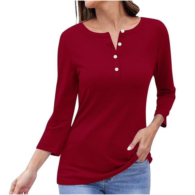 Timegard Tops for Women Long Sleeve Notched V-Neck Button Shirts Solid Color Fall Casual Loose Comfy Tops