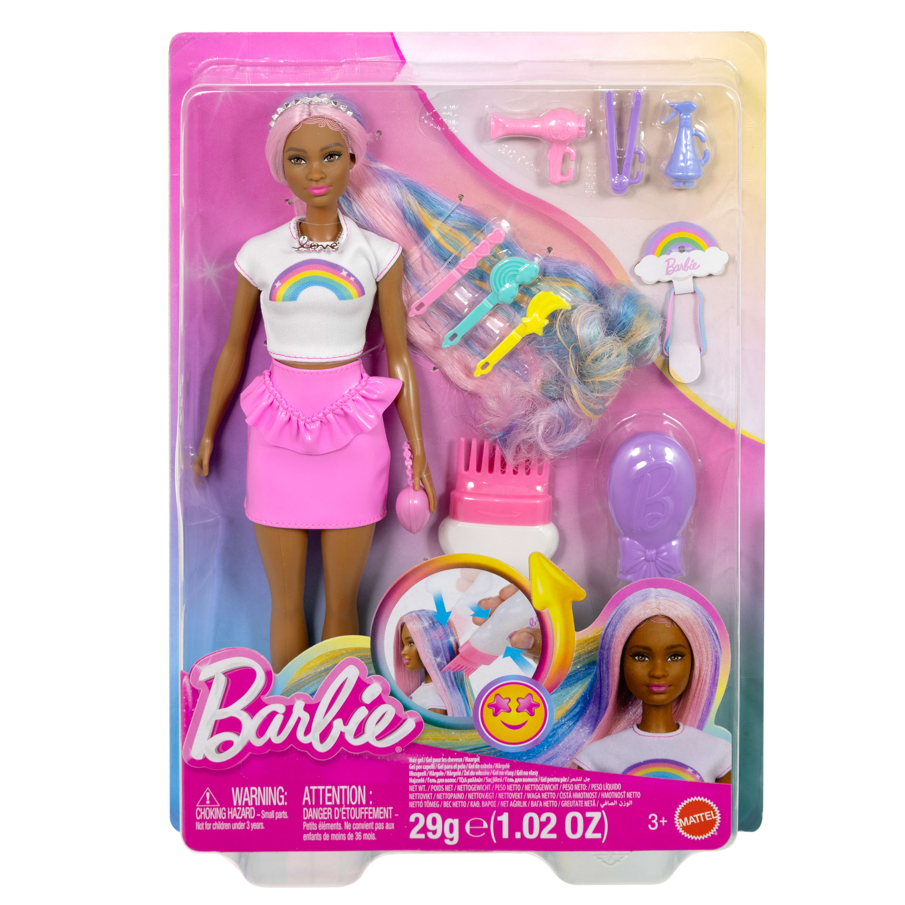 Poupée mode Barbie Cheveux paillettes et arc-en-ciel avec cheveux très longs et 12 accessoires de coiffure