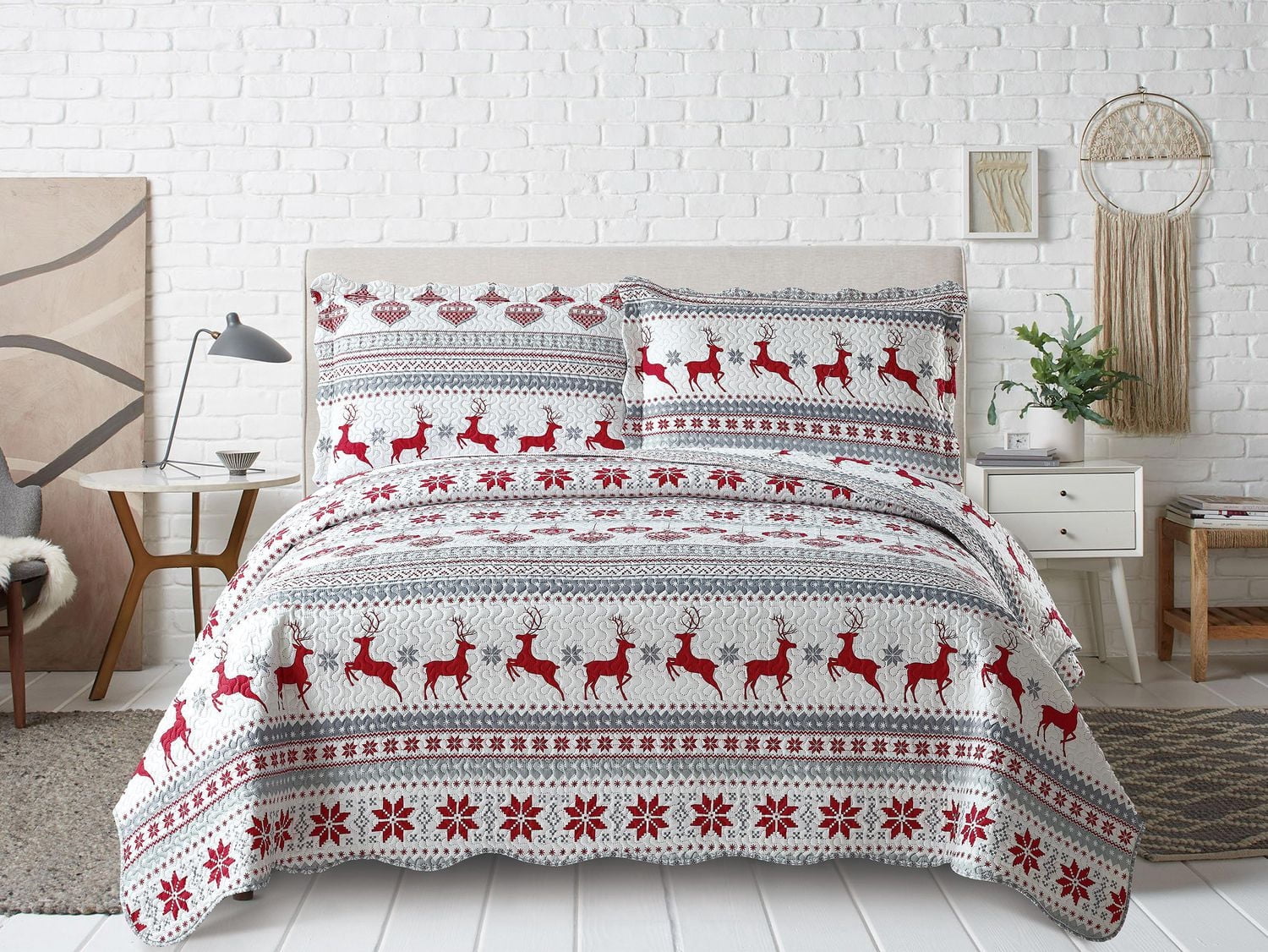 Marina Decoration Rich Printed Embossed Pinsonic Coverlet Bedspread Ultra Soft Bedding Summer Christmas Quilt Set with Shams, Xmas Deer Pattern
