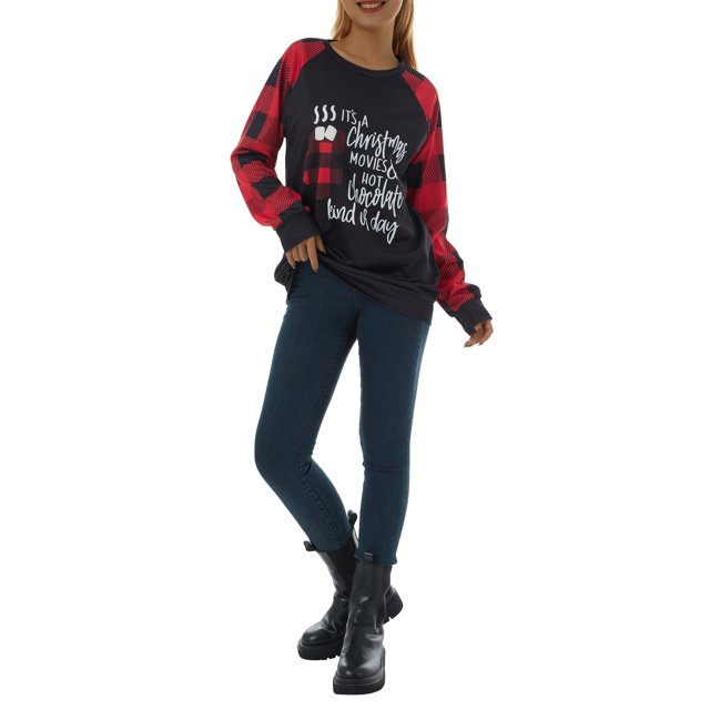Faithtur Femmes Sweat-Shirt Modèle de Style de Noël à Manches Longues Pull à Carreaux