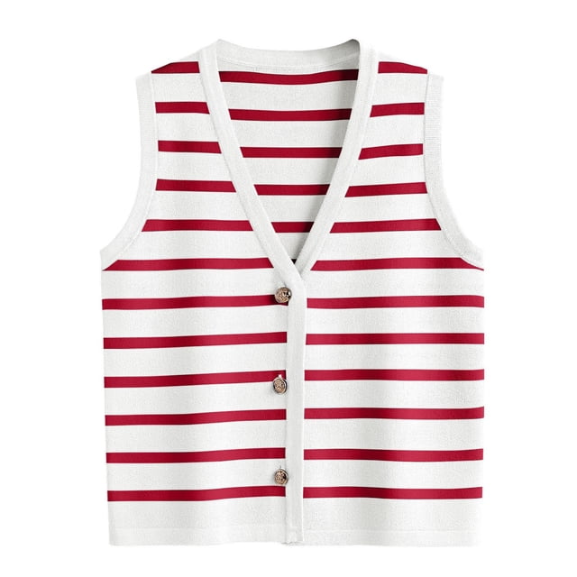 Women Striped Dressy Tops Cropped Tank Tops Sleeveless Button Up Cardigan Sweater Vests