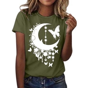 LUOGENLI Female T-shirts for Womens Womens Fashionable Moon Printed Round Neck Short Sleeved Sports Casual T Shirt Vintage T-shirts for Women Graphic Tee Summer Clothes Black XL