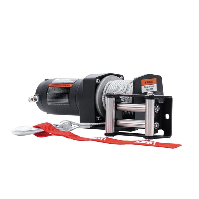 DK2 2,500 lb Electric ATV Winch with 50-foot galvanized steel cable and red safety strap, featuring a black 1.1 hp motor housing, differential planetary gearing, and a 4-way roller fairlead with stainless steel rollers, shown in a close-up side view on a white background.