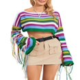 thumbnail image 2 of Ladies‘ Striped Print Tassel Long Sleeve Cropped Knit Tops, 2 of 9