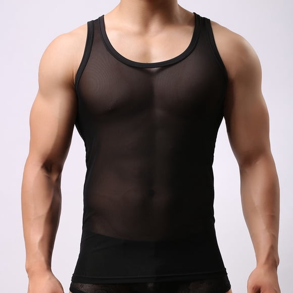 Zjloe7sa Men's Lingerie Set Mesh Men's See-through Breathable Sleeveless Shirts Vest Casual Sleepwear Black