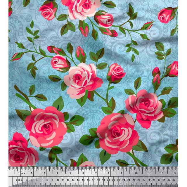 Soimoi Satin Silk Fabric Leaves & Rose Flower Printed Fabric 1 Yard 42 Inch Wide