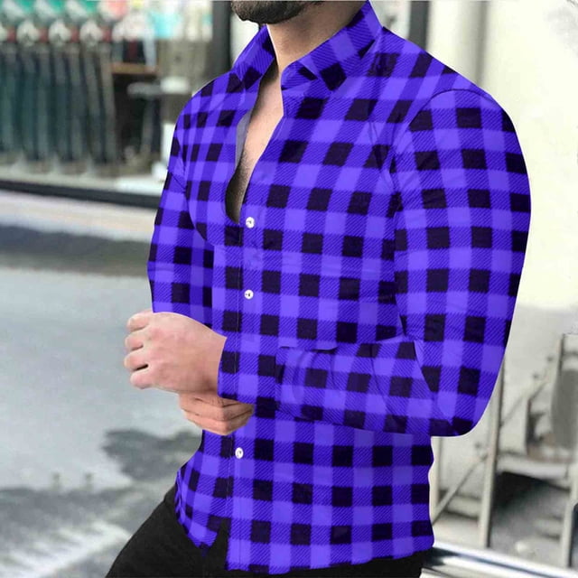 Timdgard Button down Shirts for Men Fall Plaid Lapel V Neck Long Sleeve Shirts Work Casual Tops