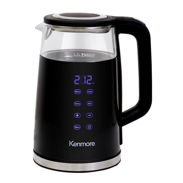 Kenmore 1.7L Electric Kettle with temperature control and digital display, black cool-touch exterior, touch-activated panel with presets for White, Green, Oolong tea, and Boil, stainless steel base, and ergonomic handle for cordless serving.