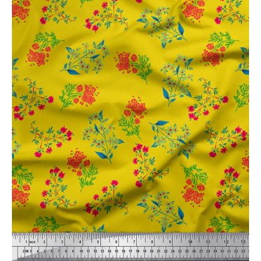 Soimoi polyester Crepe Fabric Leaves & Pink Flower Floral Print Sewing Fabric Yard 52 Inch Wide