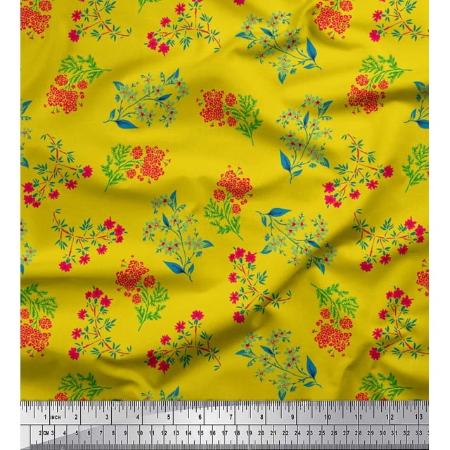 Soimoi Tissu de Soie Feuilles & Fleurs Roses Tissu Imprimé Floral 1 Yard 42 Inch Wide