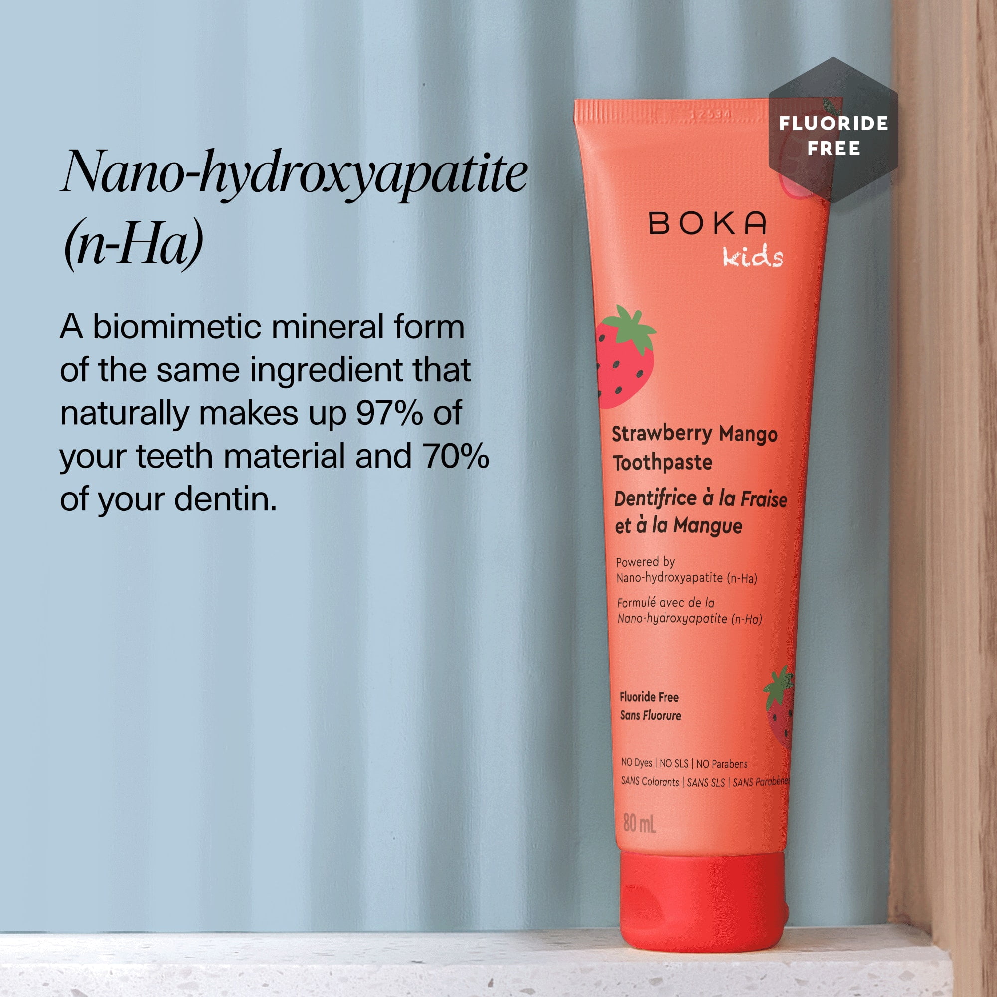 Boka Dentifrice sans Fluorure - Dentifrice Nano-hydroxyapatite - Saveur Fraise & Mangue - 80 ml