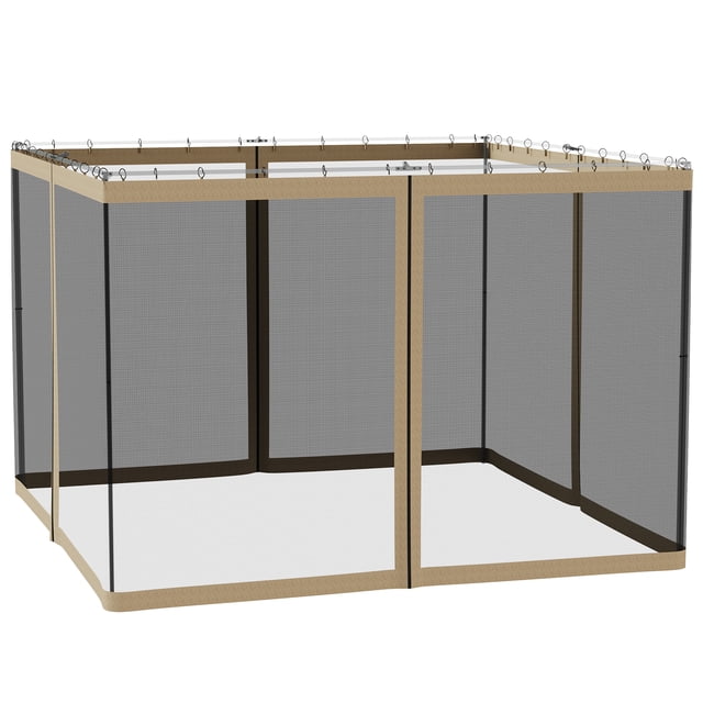 Outsunny Replacement Mosquito Netting for Gazebo 10' x 10' with Zippers, shown fully assembled on a gazebo frame. The netting features four khaki-colored panels with black nylon mesh, each equipped with smooth zippers for easy access and connection. Designed to fit most 10' x 10' (3x3m) gazebos, it includes black hooks for secure attachment to two types of pipes. The durable polyester fabric and nylon mesh provide effective pest protection while maintaining visibility. Assembly required.