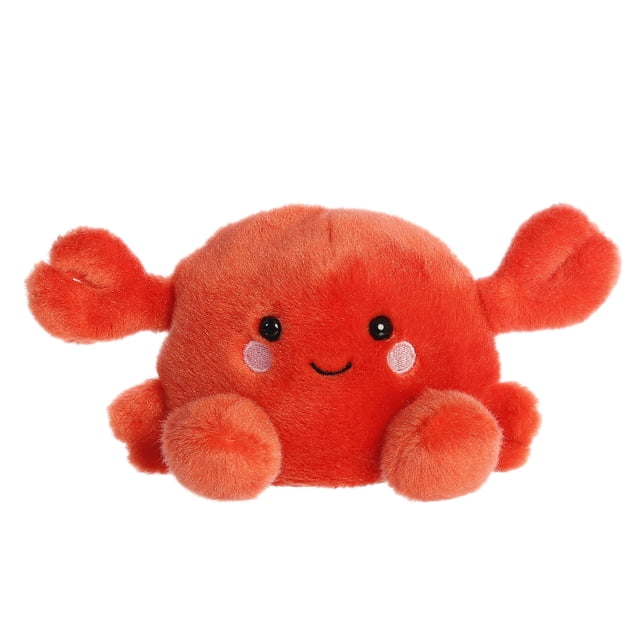 Aurora Palm Pals - Snippy Crab 5-inch stuffed animal plush toy featuring a vibrant red design with soft, fluffy material. The crab has a cheerful face with embroidered black eyes, pink cheeks, and a friendly smile. Its compact size and bean pellet filling make it stable and suitable for all ages.