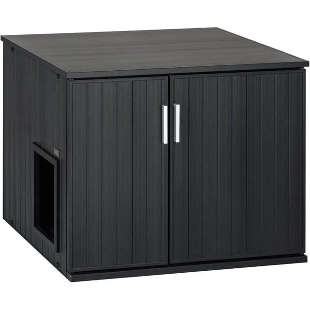 New Age Pet® ecoFlex ProMax LitterLoo Cat Litter Box Cover Table in espresso, a rectangular cat litter furniture piece made from eco-friendly wood plastic composite with a matte finish, featuring two front doors with silver handles and a side entrance with a no-track litter mat, designed for moisture resistance and odor control, suitable for standard litter pans and providing privacy for cats.