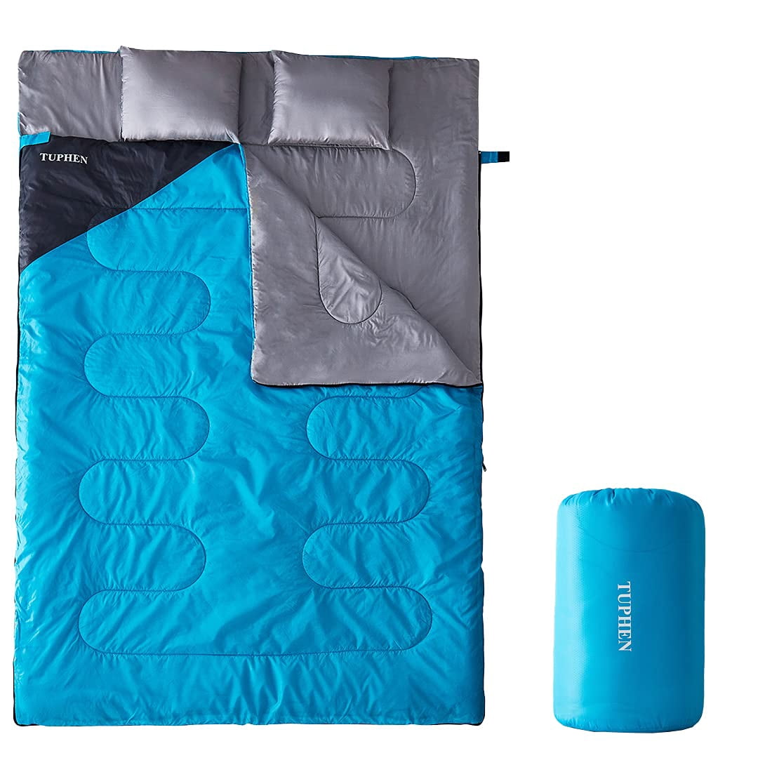 Tuphen Double Sleeping Bag Sleeping Bag with 2 Pillows Queen Size XL Bag for 2 People cold Warm Weather- 3 Seasons Waterproof Adults Sleeping Bag for camping Backpacking or Hiking