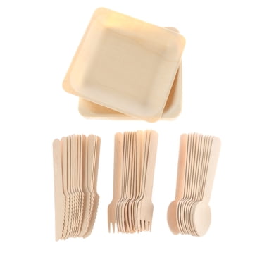 KAKOWELY 48pcs Disposable Cutlery Set Biodegradable Wooden Dinner Utensils Salad Dessert Plates Spoons Forks Knives Party Supplies,5.51"X5.51"X0.04"