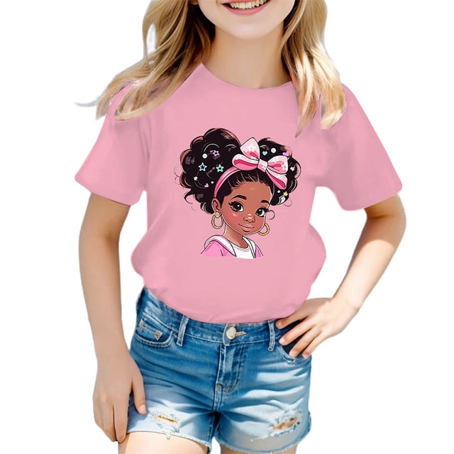 PMVFHDE Hauts d'Été pour Filles Hauts pour Fille Hauts d'Été pour Fille T-Shirts d'Été Tendance pour Fille T-Shirts Graphiques pour Filles T-Shirts Graphiques pour Enfant T-Shirt Graphique à Col Rond à Manches Courtes pour Fille T-Shirt d'Été Rose, 7-8 Ans