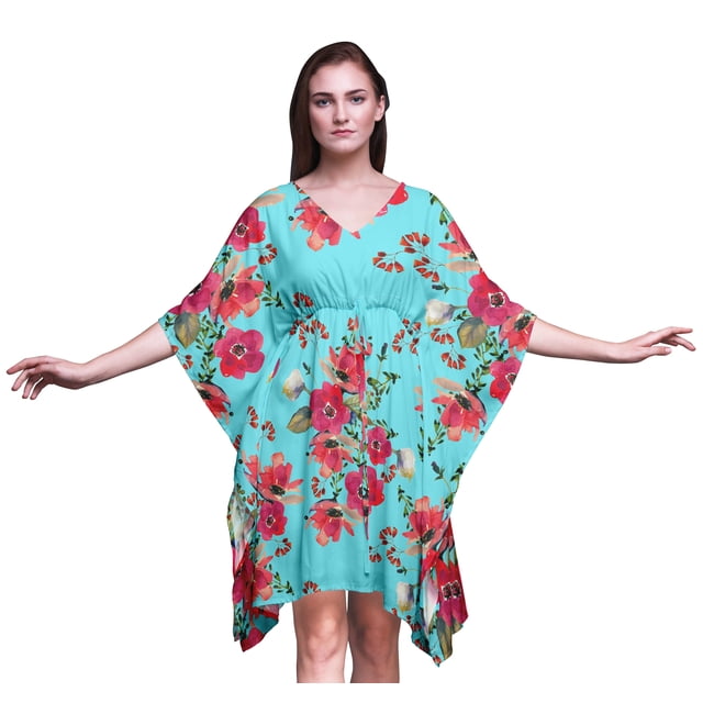 Bimba Kaftan de Plage à Fleurs, Paréo de Bikini, Robe Midi pour Femmes, Caftan Court - TG-3X